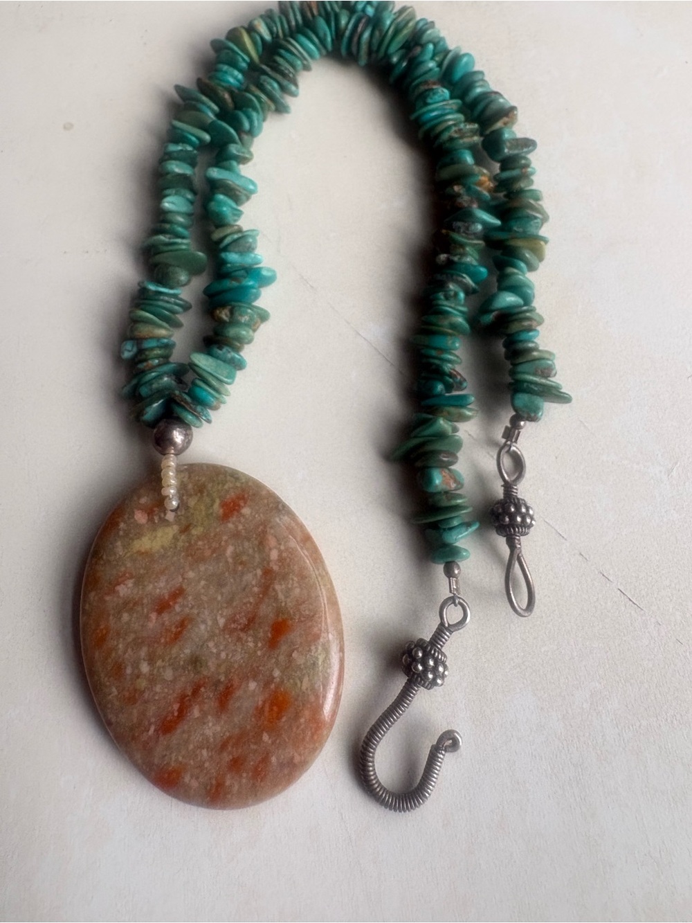 Turquoise Chip Necklace with Jasper Oval Pendant - Women Jewelry